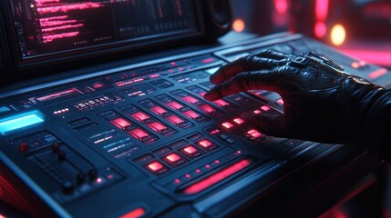 Close-up of gloved hand operating futuristic control panel with glowing buttons and screen.