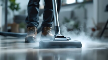 vacuum cleaner in action, emitting steam on a polished floor. the scene conveys a sense of deep clea