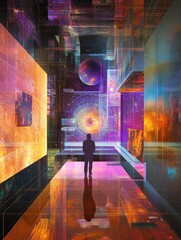 Aufkleber - Visitors explore a digital gallery filled with immersive virtual artworks and avatars, set in a colorful, futuristic environment. Generative AI