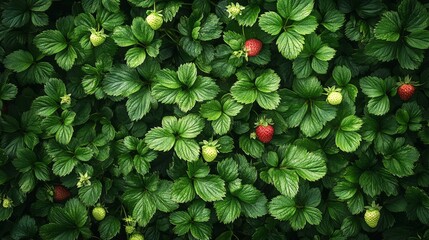 Wall Mural - Ripening red strawberries on lush green leaves, ideal for food and agriculture concepts in advertising, marketing materials, and social media