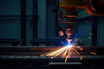 Robotic Welding Automation Process with Sparks and Laser Perspective in Modern Industrial Setting