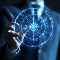 Wall Mural - A business professional showcasing a glowing blue digital target with an arrow in the center, representing precision, success, and strategic planning in a futuristic business environment.