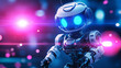 © Synthesia Studio - Futuristic robot with glowing blue eyes and sleek metallic design illuminated by vibrant pink and blue neon lights in a high-tech environment