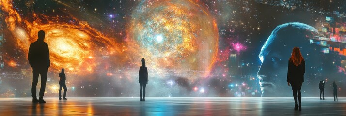 Aufkleber - Visitors engage with captivating virtual artworks in a digital gallery set against a stunning cosmic backdrop featuring glowing galaxies. Generative AI