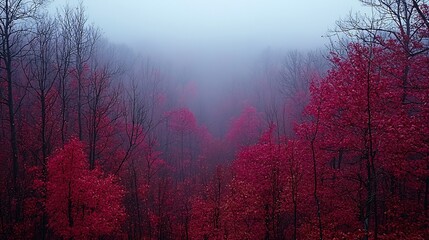 Wall Mural - Misty Autumn Forest with Vibrant Red and Orange Foliage