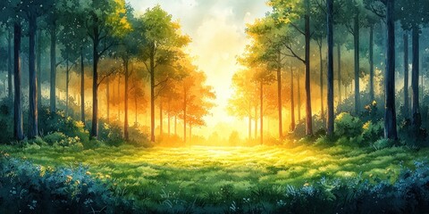 Vibrant Watercolor Forest Landscape with Stylized Trees and Lush Green Foliage in Serene Atmosphere