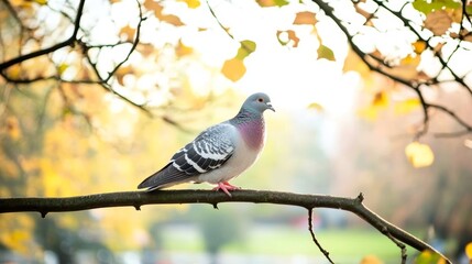 Wall Mural - Pigeon Perched on Branch in Autumn Light