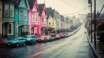 Naklejka na meble Row of Colorful Victorian Houses on a Snowy Day