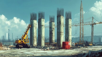 Wall Mural - Mechanical equipment and cranes at a construction site, building concrete pillars for a high-speed railway bridge.