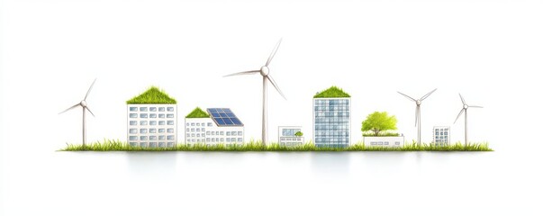 Poster - A modern cityscape featuring eco-friendly buildings, wind turbines, and greenery, symbolizing sustainable urban development.