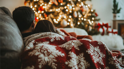 Wall Mural - Parents and kids snuggled under a festive blanket on the sofa, with a decorated Christmas tree in the background.