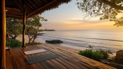 Wall Mural - Tranquil Beachfront Yoga Space at Sunrise with Ocean View