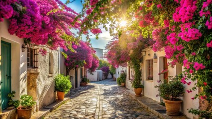  A cobblestone street lined with whitewashed houses adorned with vibrant pink blossoms, bathed in the warm glow of the midday sun