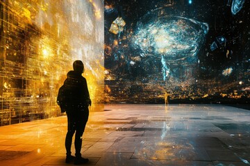 Aufkleber - Visitors immerse themselves in a vibrant digital gallery that showcases stunning virtual artworks and dynamic avatars amidst mesmerizing visuals. Generative AI