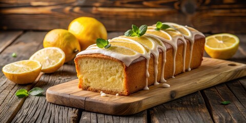 Wall Mural - Lemon pound cake displayed on rustic wooden background with fresh lemon slices , Lemon, pound cake, rustic, wooden, background