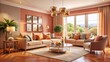 © Sirinporn - Elegant Peach Colored Living Room Interior Design with Cozy Textiles and Modern Furniture, Capturing a Warm and Inviting Atmosphere in a Spacious Panoramic View