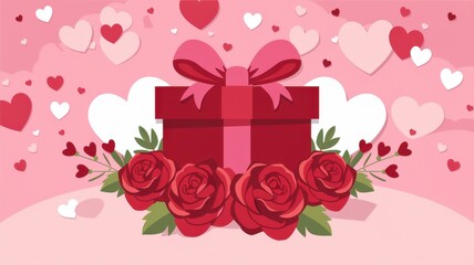 Wall Mural - Gift Box with Bow Surrounded by Hearts and Roses on Pink Background