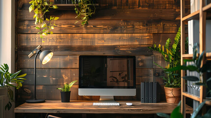 Poster - Modern Rustic Workspace: A minimalist workspace blends contemporary design with rustic charm. A sleek computer sits on a reclaimed wood desk, bathed in the warm glow of a desk lamp.