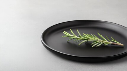 Wall Mural - Rosemary Sprig on Black Plate - Simple elegance, culinary herb, minimalist food photography, dark background, fresh rosemary.