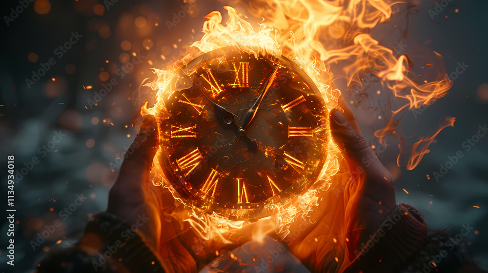 Time on Fire: A clock engulfed in a fiery blaze, its hands frozen in ...