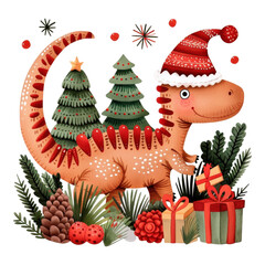 Wall Mural - Cute Dinosaur with Christmas Trees and Holiday Decorations