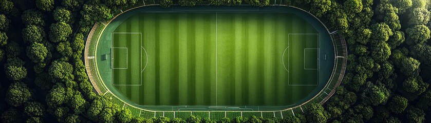 Aerial view of a lush green football field surrounded by trees, showcasing well-maintained grass and clear markings.