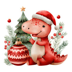 Wall Mural - Cute Dinosaur with Santa Hat and Christmas Tree for Holiday Fun