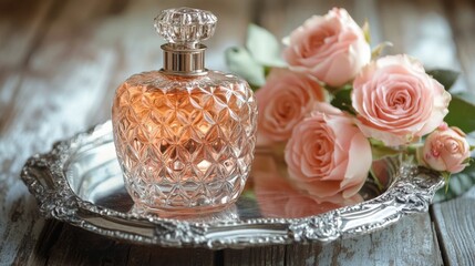 Wall Mural - Elegant Perfume Bottle With Pink Roses On Silver Tray