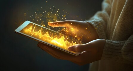 Fototapete - Hands holding tablet displaying fiery data.