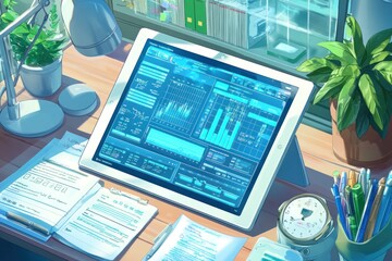 Aufkleber - Tablet displaying data graphs on a desk with plants and stationery.