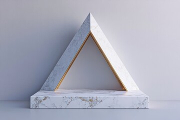 Poster - Elegant white marble triangle podium with gold accents on a platform, minimal design.