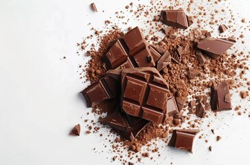 Wall Mural - Chocolate bars and cocoa powder on a white background, in a flat lay. Top view of a chocolate bar with pieces of broken milk or dark bars and cocoa powder on a white background