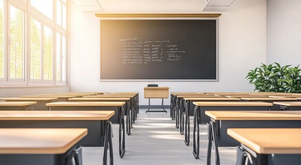 Poster - Sunlit classroom with empty desks and chalkboard.
