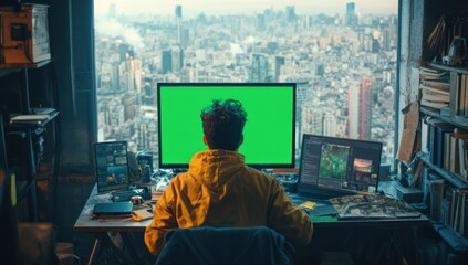 Aufkleber - Person sits at desk facing large window overlooking city skyline, working on computer with green screen.