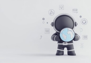 Poster - Cute astronaut holding Earth globe, surrounded by technology icons.