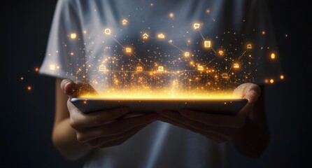 Aufkleber - Woman holding tablet displaying glowing network of digital icons.