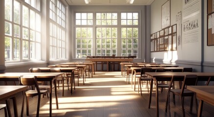 Poster - Sunlit classroom with wooden desks and chairs, large windows showing greenery.