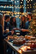 © Benjamin - Coworkers enjoying christmas buffet dinner party with sparkling lights and christmas tree