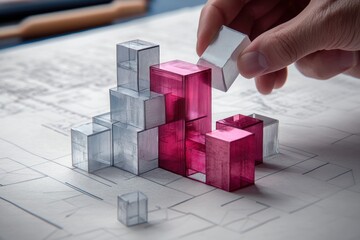 Leinwandbilder - Hand placing translucent blocks forming a graph on blueprints.