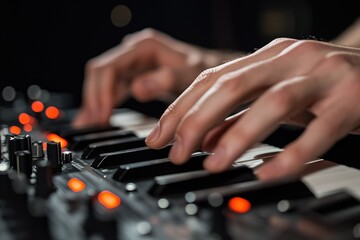 Aufkleber - Close-up of hands playing a synthesizer keyboard.
