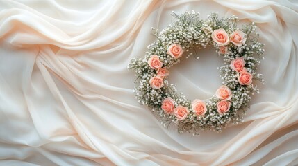 Wall Mural - Delicate peach rose wreath on cream fabric background