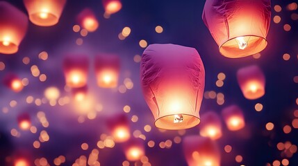 Wall Mural - glittering pink lanterns with warm bokeh floating in the air during a romantic festival night