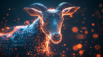 Wall Mural - A futuristic goat icon glowing with herd data, symbolizing online farming platforms, smart grazing management, and digital livestock analytics.  