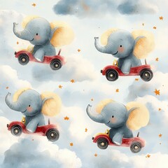 Cute Elephants Flying in Toy Cars among Fluffy Clouds and Stars Watercolor Pattern