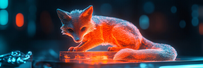 Wall Mural - A futuristic habitat model icon featuring a glowing fox, symbolizing online ecological research tools studying urban wildlife interactions.  