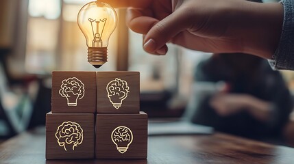 Wall Mural - Hand placing wooden blocks with light bulb icon