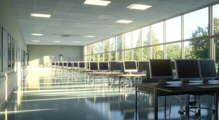Poster - Sunlit computer lab with rows of desktops and large windows overlooking a green landscape.