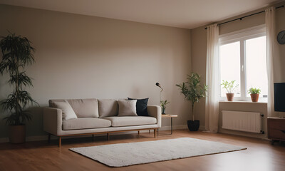 Wall Mural - Modern Minimalist Living Room:  A sleek, minimalist living room boasts a plush, neutral-toned sofa,  soft rug, and pops of greenery.  The large window floods the room with natural light.