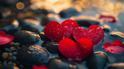 Poster - Red Heart Petals Resting On Smooth Dark Stones