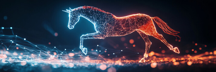 Wall Mural - A futuristic horse icon glowing with performance data, symbolizing online equestrian platforms, smart training tools, and digital horse care resources.  